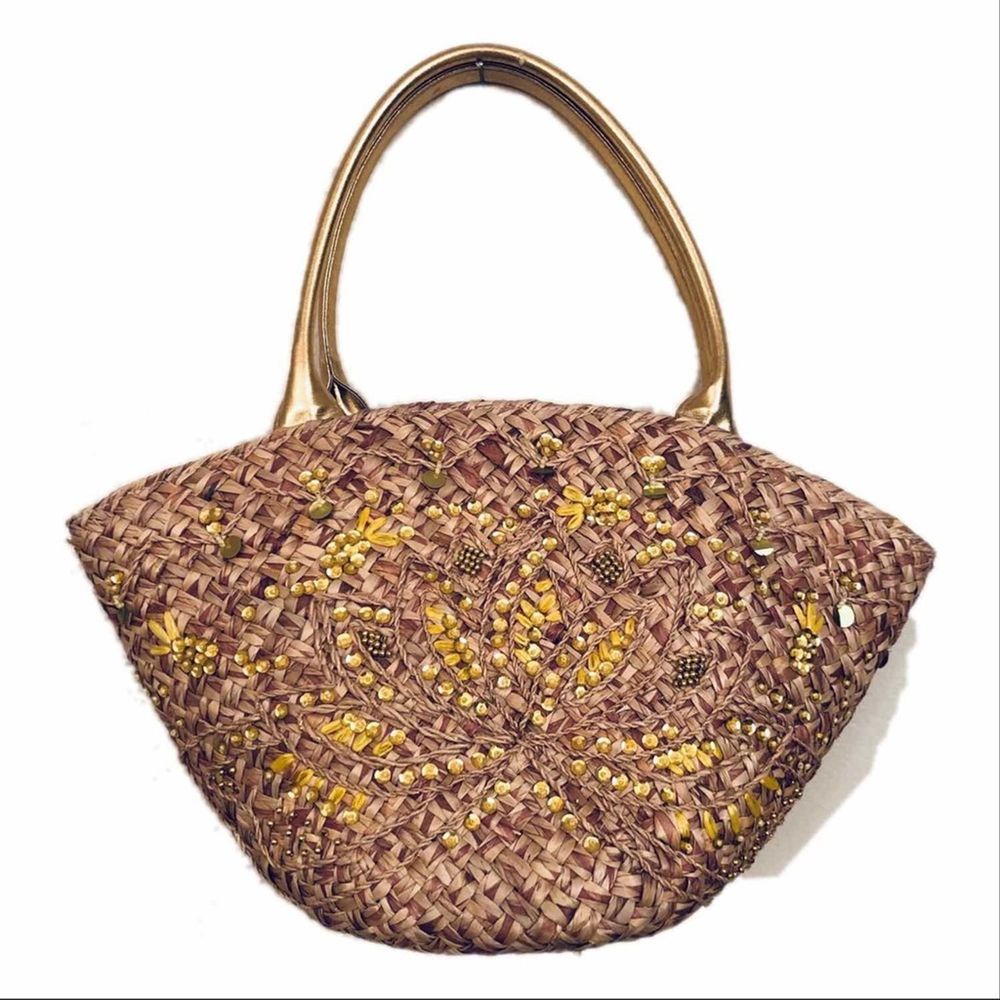 Kate Landry Gold Yellow Straw Handbag Tote Purse